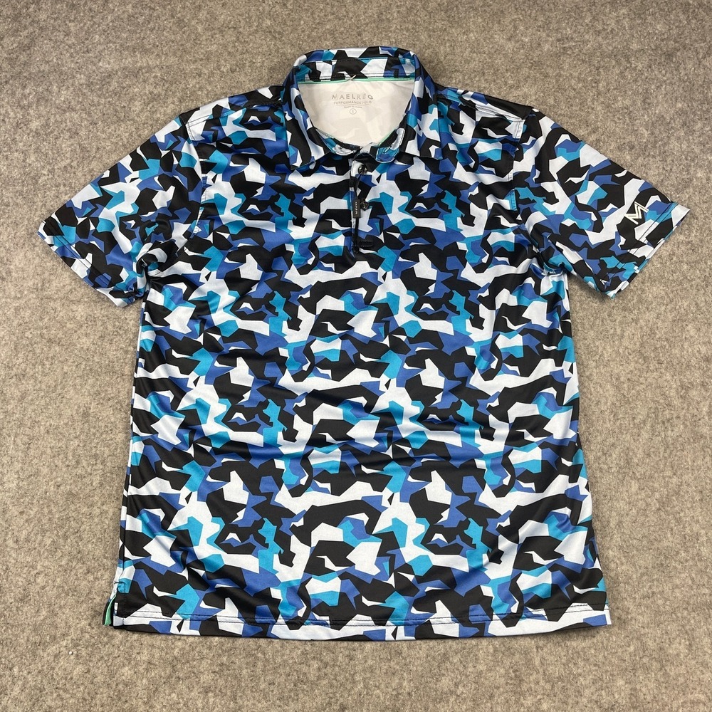Maelreg Golf Polo Shirt Mens Small Blue Geometric Lightweight Stretch AOP NWOT